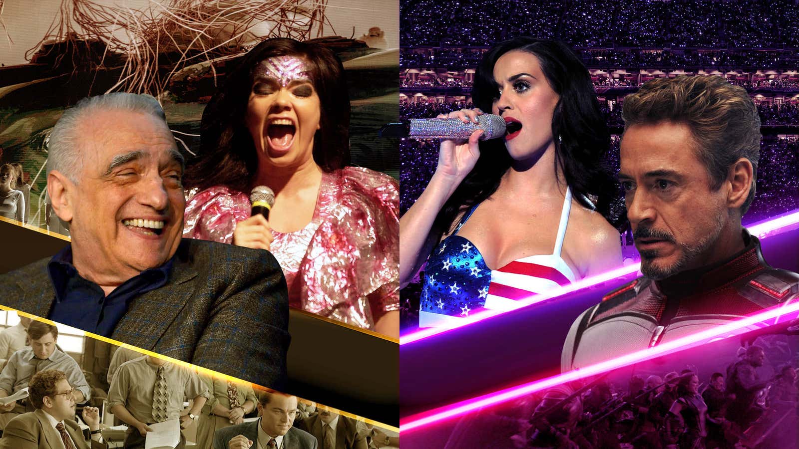 Choose your fighter: Are you on the side of Martin Scorsese (Photo: Michael Tullberg/Getty Images) and Björk (Photo: Jim Dyson/Getty Images) or Katy Perry (Photo: Kevin Winter/Getty Images for VH1) and Tony Stark (Screenshot: Film Frame)? And what if this is the wrong fight?
