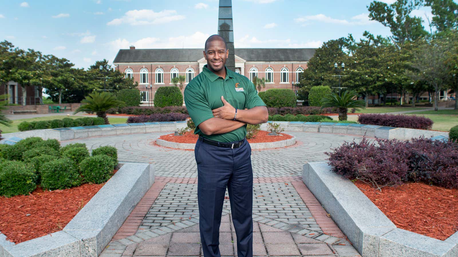 Andrew Gillum in front of the Eternal Flame near Coleman Library on the campus of Florida A&amp;M University in Tallahassee, Fla., on May 17, 2019.