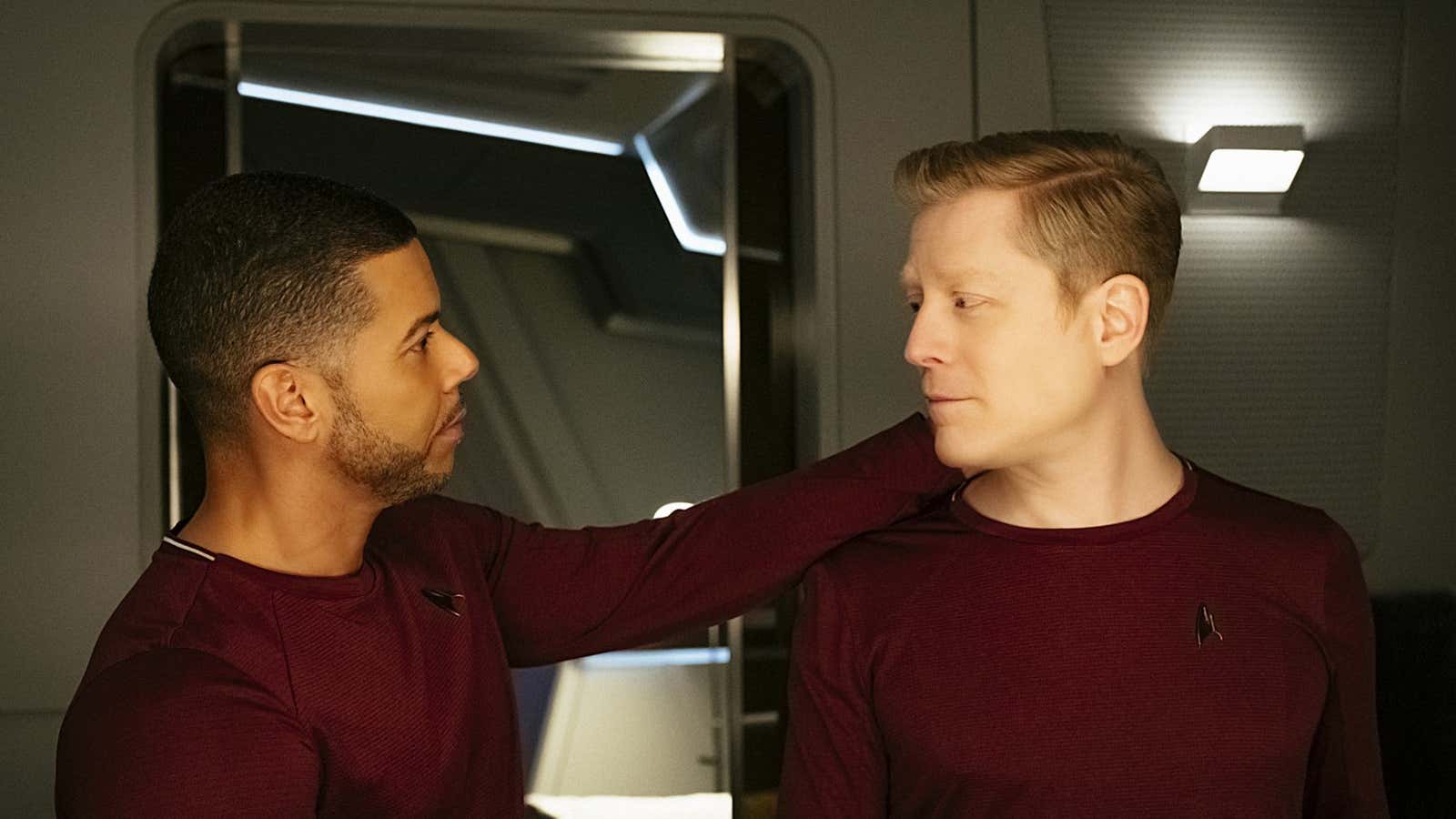 Culber and Stamets share a quiet moment in their quarters on Star Trek: Discovery.