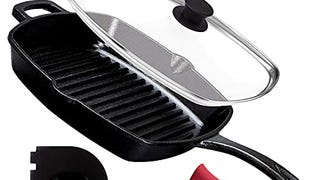 Cast Iron Square Grill Pan with Glass Lid - 10.5 Inch Pre-...