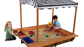 KidKraft Outdoor Covered Wooden Sandbox with Bins and Striped...
