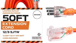 50 Ft Orange Extension Cord - 12/3 SJTW Heavy Duty Lighted...