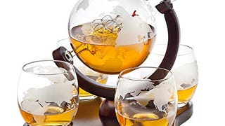 Whiskey Decanter Globe Set with 4 Etched Globe Whisky Glasses...