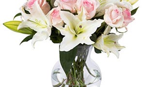 Benchmark Bouquets Pink Roses and White Lilies, With Vase...