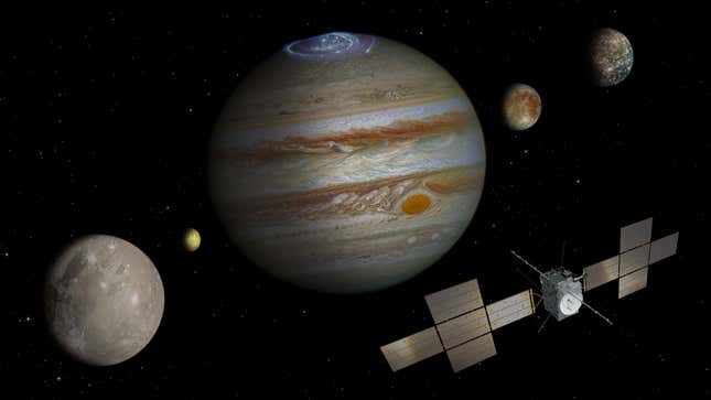 Eine Illustration Der Raumsonde Juice Um Jupiter Und Seine Monde. 