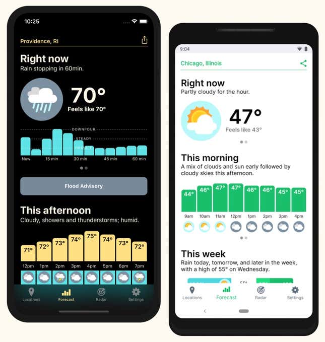 Una imagen de un teléfono inteligente con la aplicación Hello Weather abierta