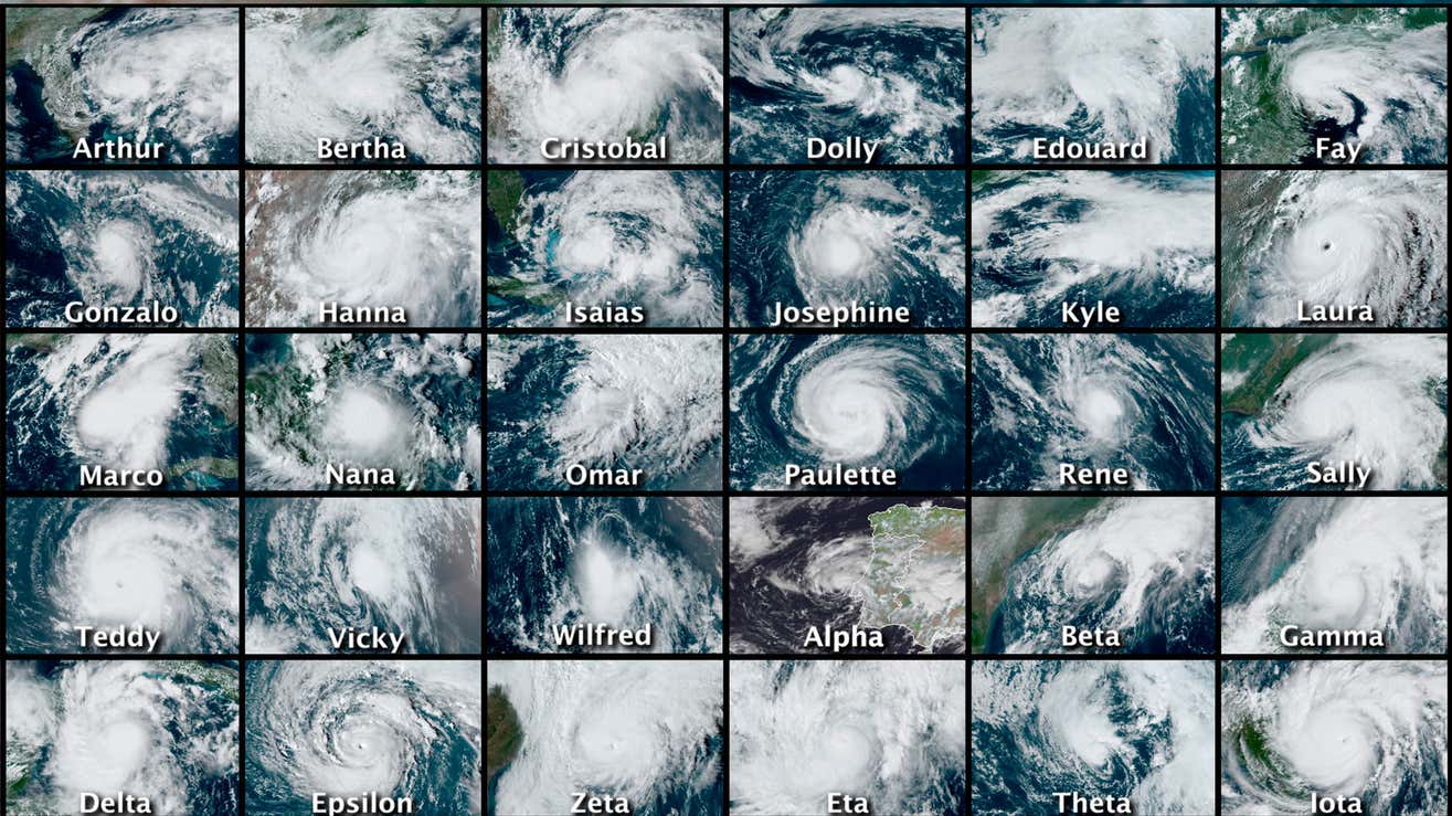 This combination of satellite images provided by the National Hurricane Center shows 30 hurricanes that occurred during the 2020 Atlantic hurricane season.