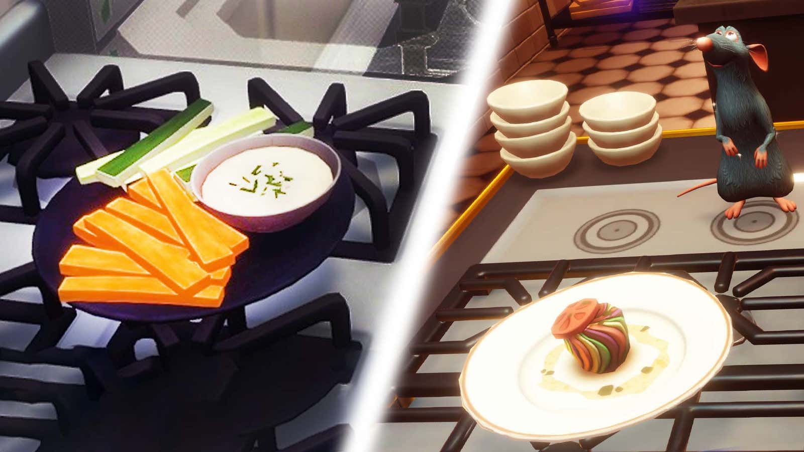 An image shows crudites and the ratatouille dish as seen in Dreamlight Valley 