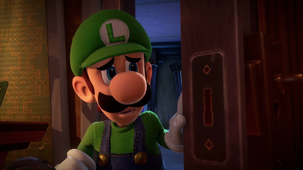In Luigi's Mansion 3 for the Nintendo Switch, he pokes his head through a door, appearing terrified.