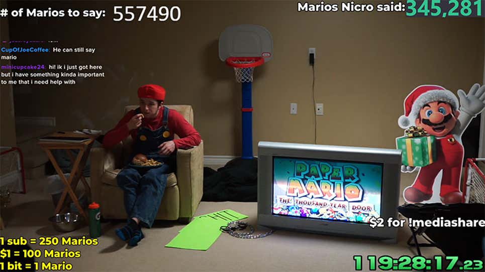 Streamer livestream cảnh mình nói từ Mario 600.000 lần trong nhiều ngày qua