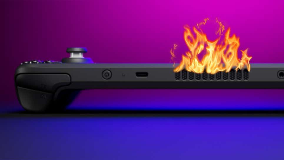 A Steam Deck console with flames