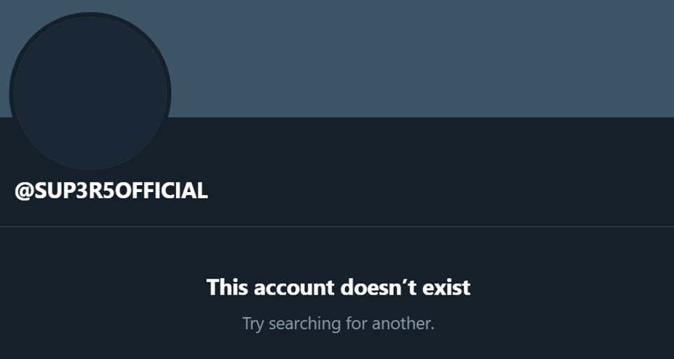 While SUP3R5's website remains up, its twitter account has been deleted. Screenshot: Twitter