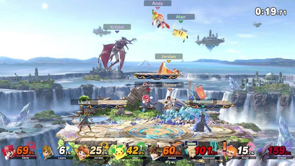 Super Smash Brothers Ultimate pits Mario Link, Daisy Pikachu, Ridley Inkling, and Cloud against each other on the Nintendo Switch.