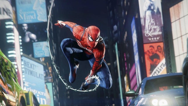 Spider-Man Schwingt Sich Durch Den Time Square. 