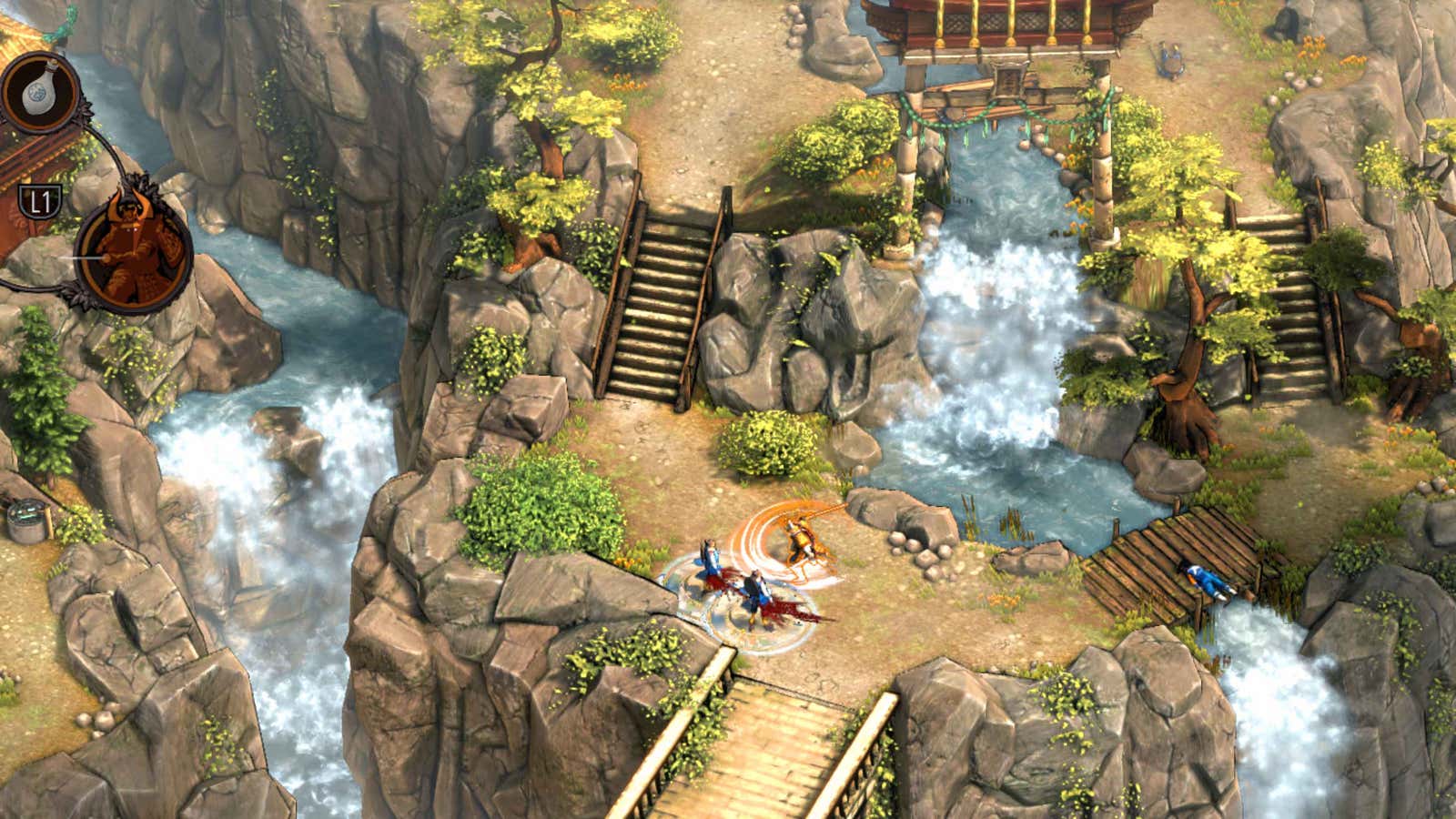 A Shadow Tactics: Blades of the Shogun image depicts a samurai battling two other warriors.