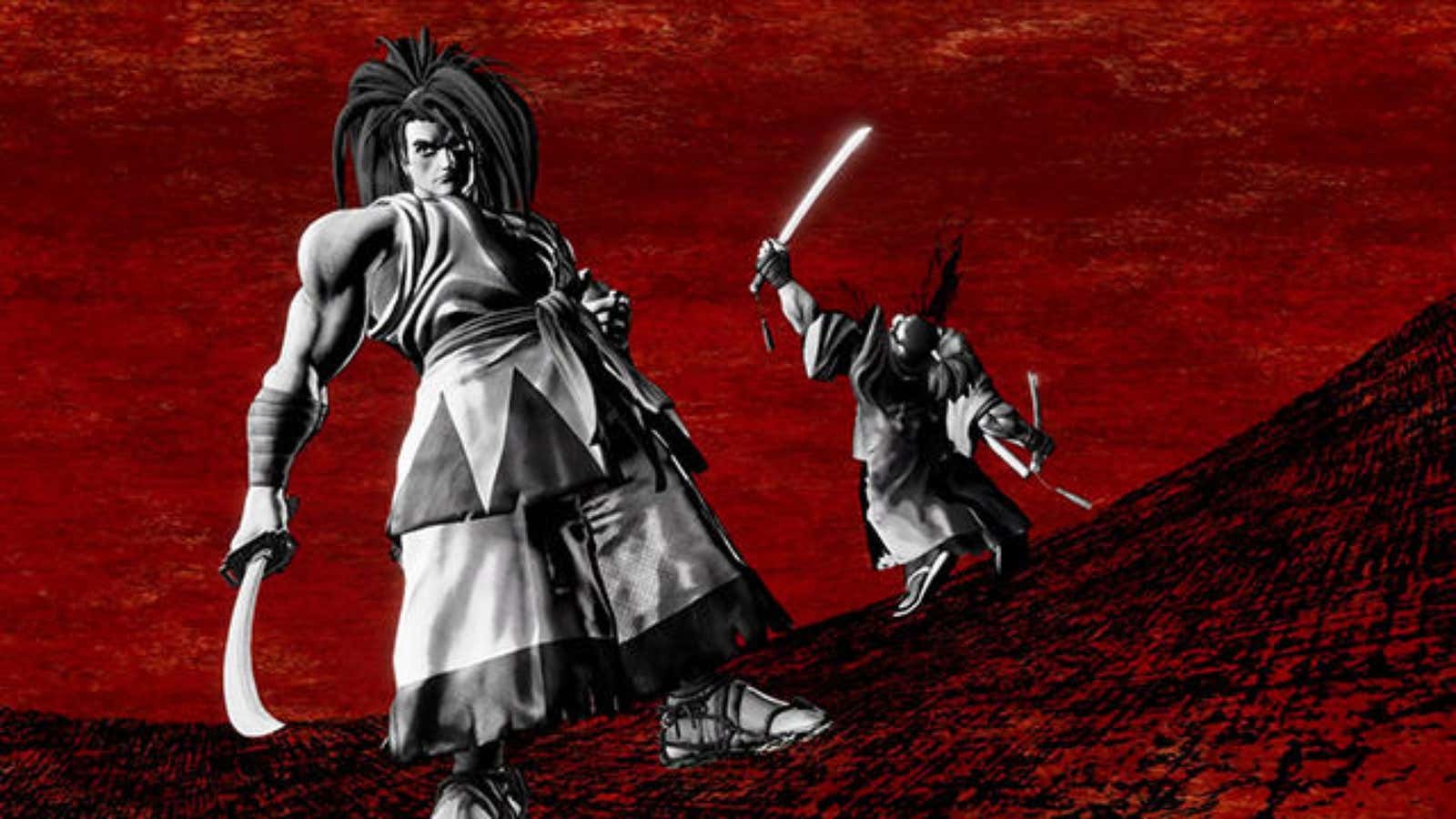Samurai Shodown's Haohmaru is finishing up a killing blow on another samurai.