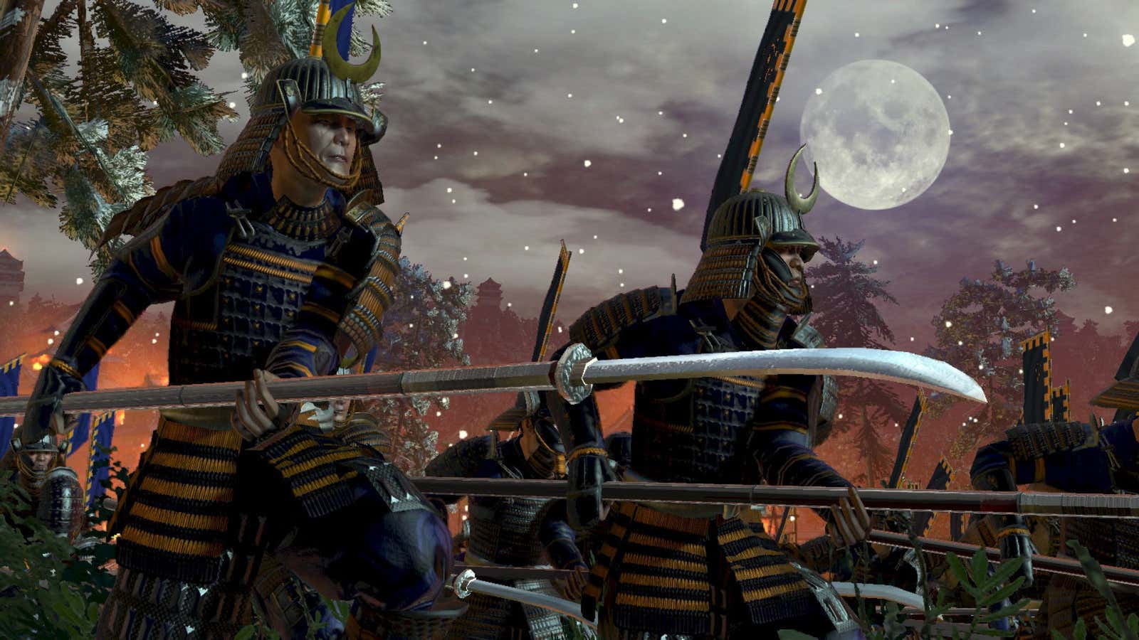 A bunch of samurai are lined up with their bladed staffs (naginata) at the ready.
