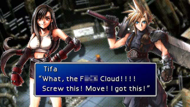 Tifa yells at Cloud for failing the button minigame in Final Fantasy VII for the umpteenth time.