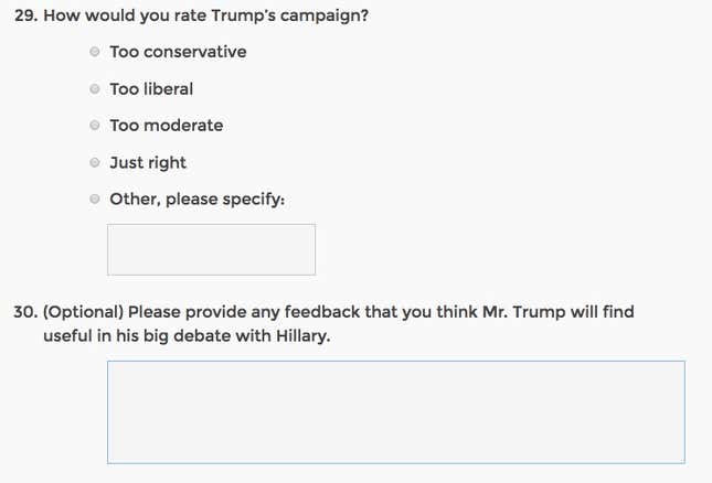 Image for article titled All of the questions on the survey Donald Trump just sent out to crowdsource advice for the second debate