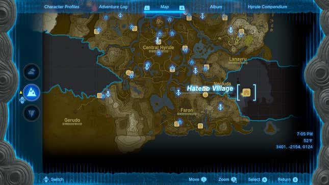 The Tears of the Kingdom map shows the location of Hateno Village.