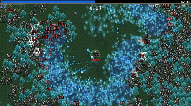 Enemies swarm a character in Vampire Survivors.