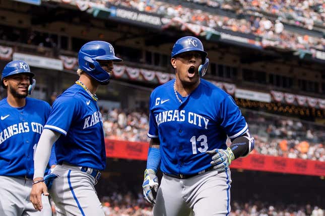 Apr 8, 2023; San Francisco, California, USA;  Kansas City Royals catcher Salvador Perez (13) is congratulated by right fielder MJ Melendez (1) after hitting a three-run home run against the San Francisco Giants during the eighth inning at Oracle Park.