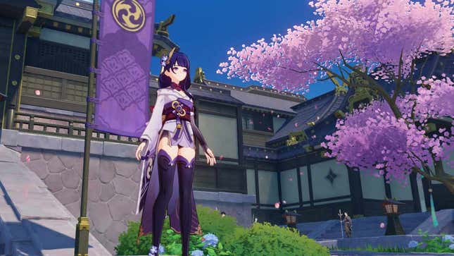 The Raiden Shogun stands next to a palace and some cherry blossom trees.