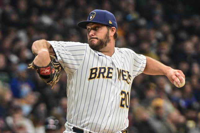Apr 22, 2023; Milwaukee, Wisconsin, USA; Milwaukee Brewers pitcher Wade Miley (20) throws a pitch in the second inning against the Boston Red Sox at American Family Field.