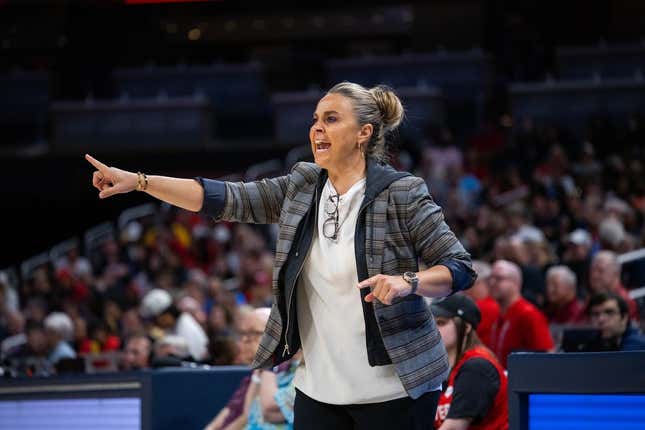 Jun 4, 2023; Indianapolis, Indiana, USA; Las Vegas Aces head coach Becky Hammon in the second half against the Indiana Fever at Gainbridge Fieldhouse.