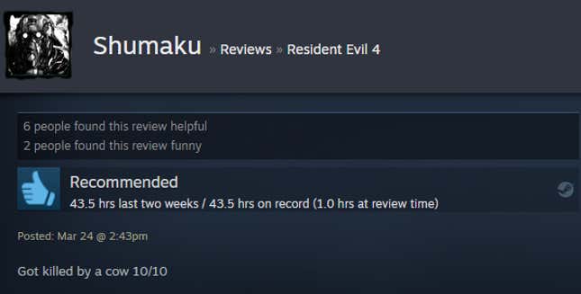 A screenshot of a Steam user text review for the game Resident Evil 4.