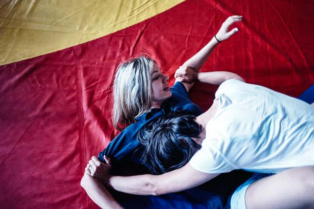 Irina Zelinskaya, 28, Kyiv Police Academy cadet, at the gym with her sparring partner, Natasha.