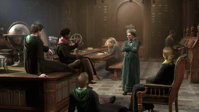 A Hogwarts Legacy image of some wizarding students standing around and looking at an old lady.
