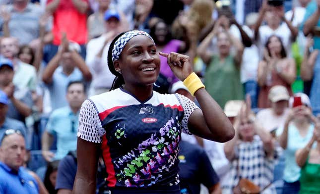 Coco Gauff reacts during match point against Romania’s Elena-Gabriela Ruse during their 2022 US Open Tennis tournament women’s singles second round match at the USTA Billie Jean King National Tennis Center in New York, on August 31, 2022. (Photo by TIMOTHY A. CLARY / AFP) (Photo by TIMOTHY A. CLARY/AFP via Getty Images)