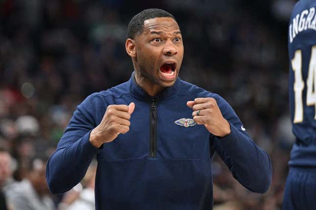 Apr 9, 2023; Minneapolis, Minnesota, USA; New Orleans Pelicans head coach Willie Green reacts during the third quarter against the Minnesota Timberwolves at Target Center.