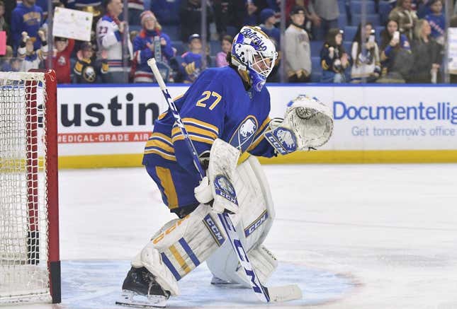 Mar 31, 2023; Buffalo, New York, USA; Buffalo Sabres goaltender Devon Levi (27) warms up before a game against the New York Rangers at KeyBank Center.