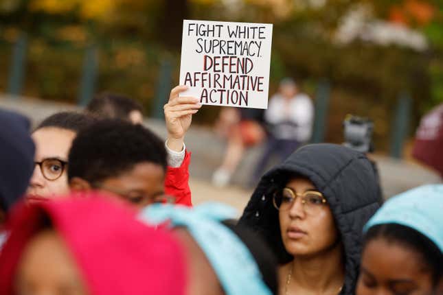 WASHINGTON, DC - OCTOBER 31: Proponents for affirmative action in higher education rally in front of the U.S. Supreme Court on October 31, 2022 in Washington, DC. 