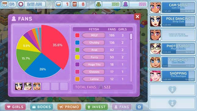 This screenshot shows an example pie chart in the business game HunieCam Studio.