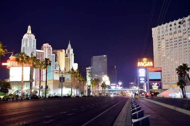 May 29, 2020; Las Vegas, Nevada, USA; General view looking at Las Vegas Blvd southbound at New York New York, Tropicana hotel and casinos. Las Vegas casinos and hotels have been shut down for over two months due to the COVID-19 pandemic. Nevada governor Steve Sisolak announced most hotel casinos will reopen June 4 with precautions in place to minimize the spread of COVID-19.