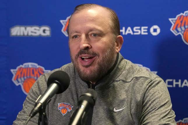 Mar 12, 2023; Los Angeles, California, USA; New York Knicks coach Tom Thibodeau at a press conference at Crypto.com Arena.