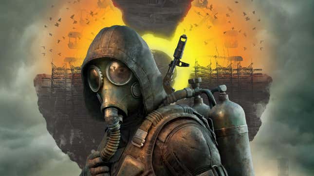 Key art for S.T.A.L.K.E.R. 2 shows someone wearing a gas mask in front of the ruins of Chernobyl. 