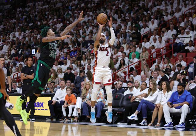 Gabe Vincent shoots three against Marcus Smart during the third quarter in game three of the Eastern Conference Finals.