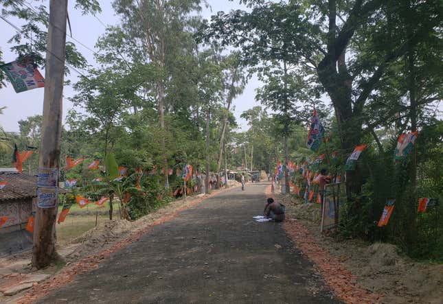 Political flags hang from the trees on the side of the road in a Sunderbans village.
