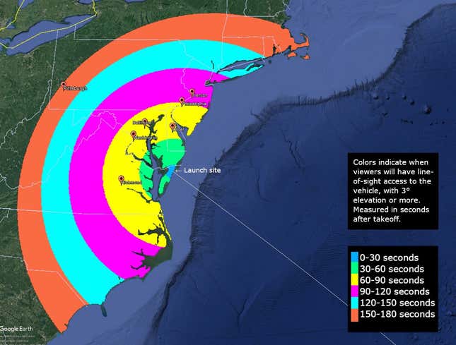 Visibility map for tonight’s scheduled launch. 