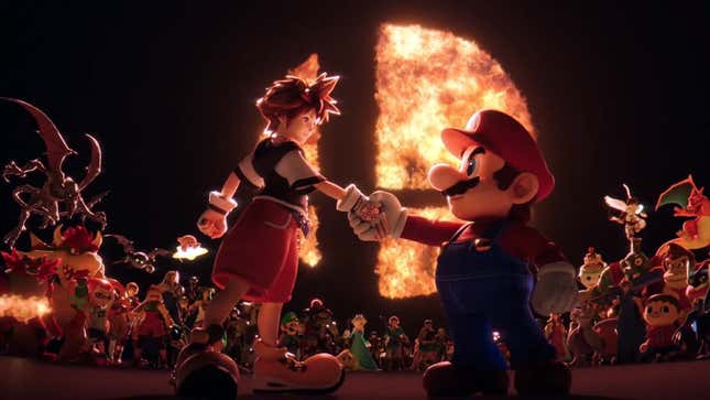 A screenshot of Mario and Sora from Super Smash Bros. Ultimate shaking hands.