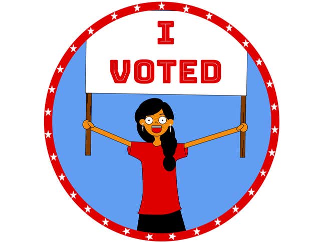 An image of a cartoon smiling dark-skinned girl holding up an "I Voted" sign is shown.