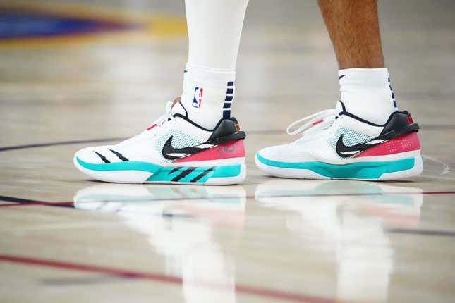 Mar 3, 2023; Denver, Colorado, USA; A detailed view of the shoes worn by Memphis Grizzlies guard Ja Morant (12) during the second half against the Denver Nuggets at Ball Arena.
