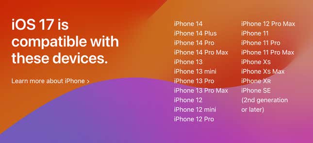 iPhones compatibles con iOS 17, la nueva versión del sistema operativo.