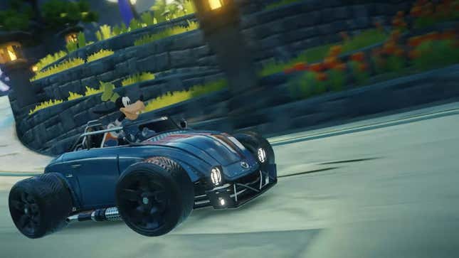 Goofy rides in a race car.