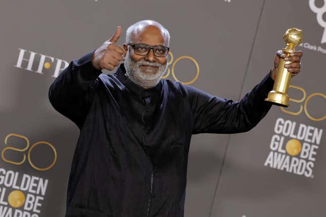 M. M. Keeravani poses with the Golden Globes 2023 award for Best Original Song for "Naatu Naatu" for "RRR" which beat the likes of Taylor Swift, Rihanna, and Lady Gaga