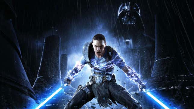 The protagonist of The Force Unleashed dual-wields blue lightsabers and looks intense while an image of Darth Vader looms over him in the background.